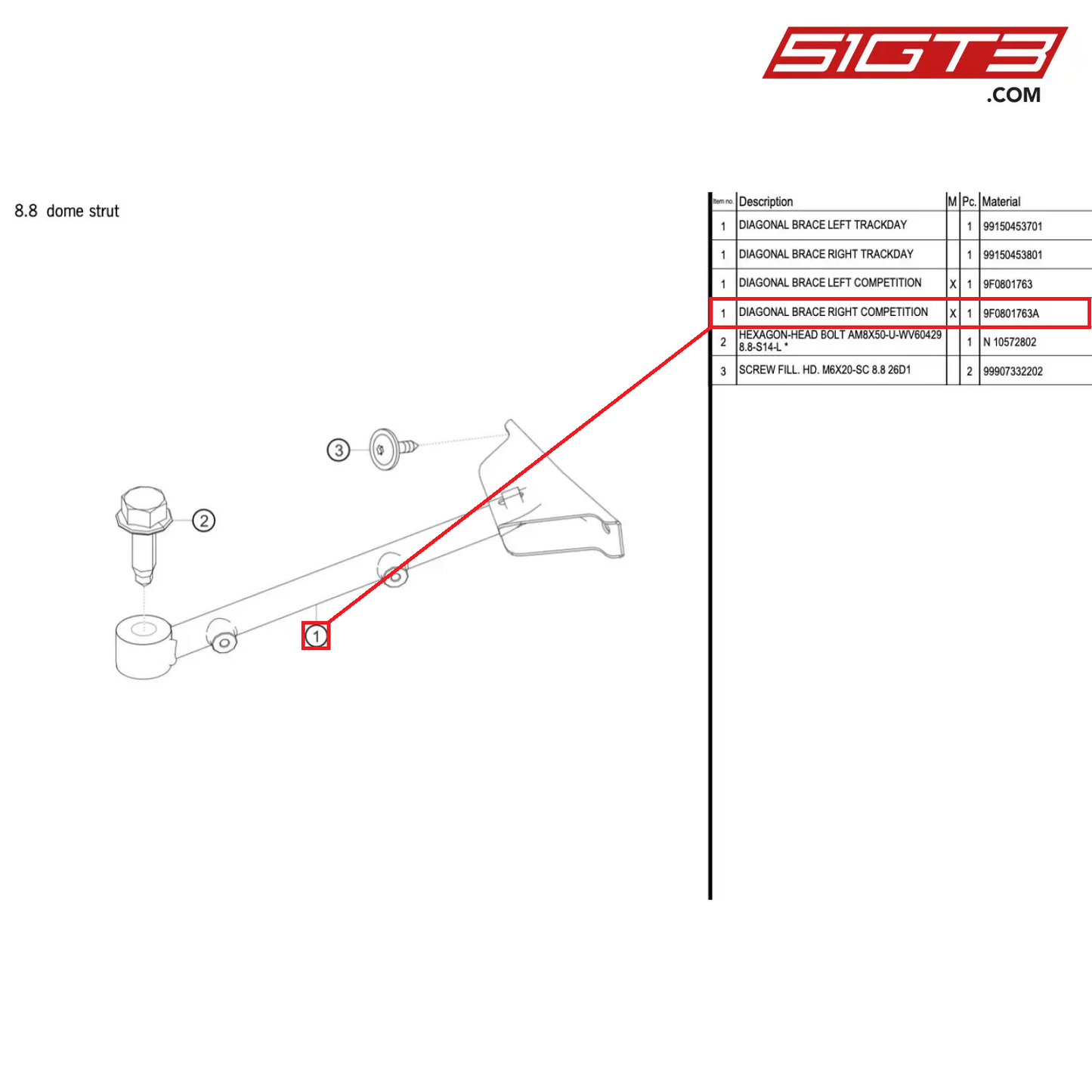 DIAGONAL BRACE RIGHT COMPETITION - 9F0801763A [PORSCHE 718 Cayman GT4 Clubsport]