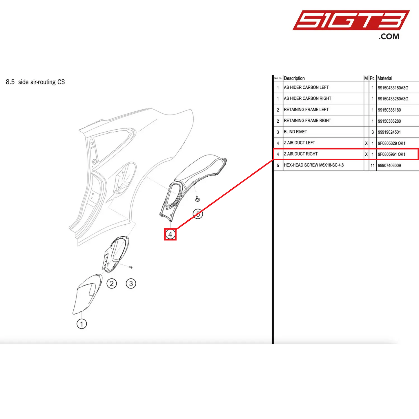 Z AIR DUCT RIGHT - 9F0805961  OK1 [PORSCHE 911 GT2 RS Clubsport]