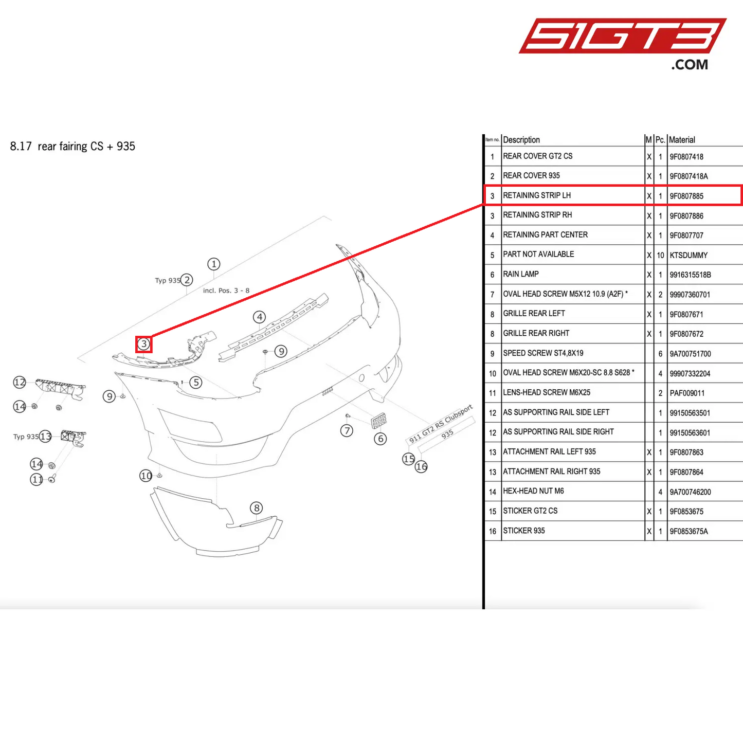 RETAINING STRIP LH - 9F0807885 [PORSCHE 911 GT2 RS Clubsport]