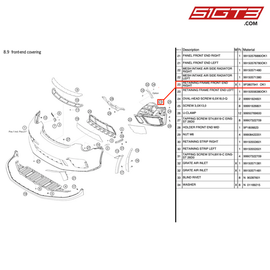 RETAINING FRAME FRONT END RIGHT - 9F0807941 OK1 [PORSCHE 991.2 GT3 Cup]