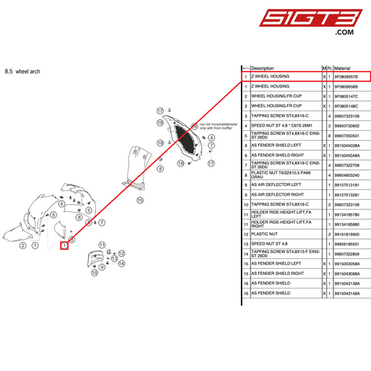 Z WHEEL HOUSING - 9F0809957B [PORSCHE 991.2 GT3 Cup]