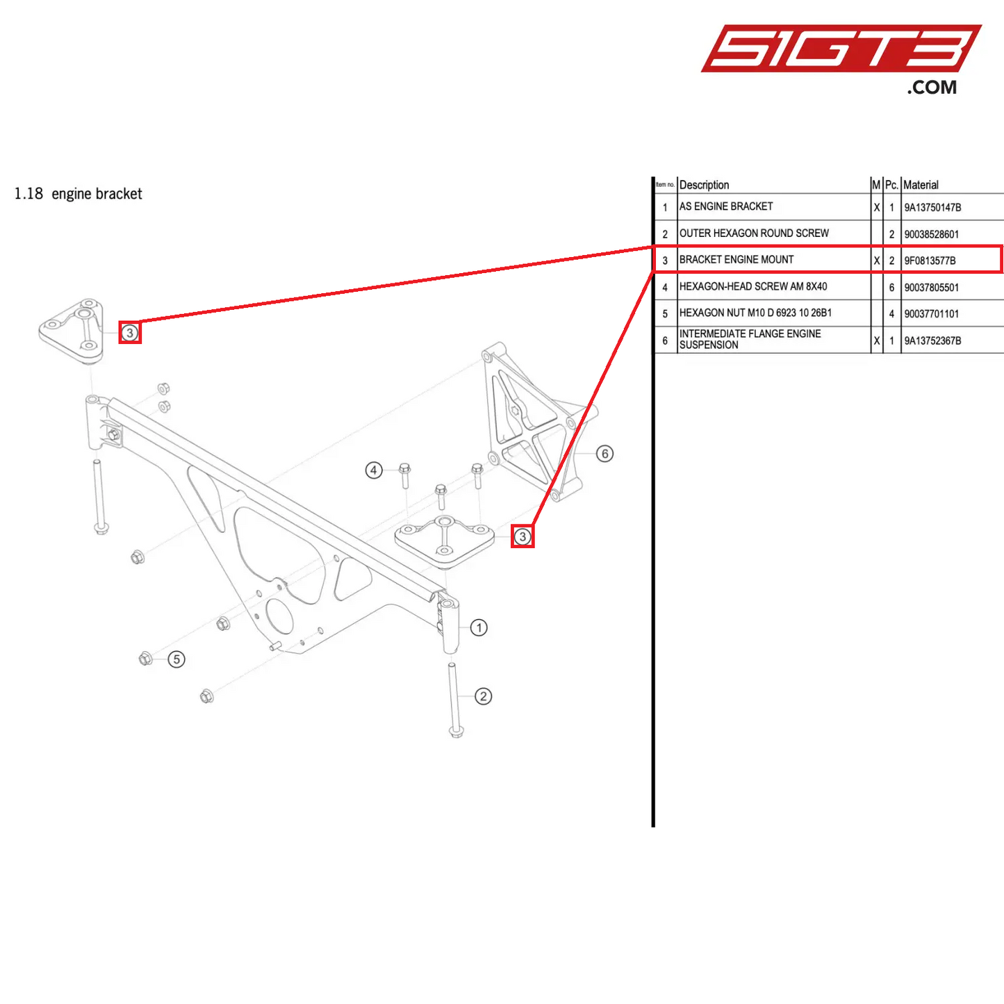 BRACKET ENGINE MOUNT - 9F0813577B [PORSCHE 911 GT3 R Type 991 (GEN 2)]