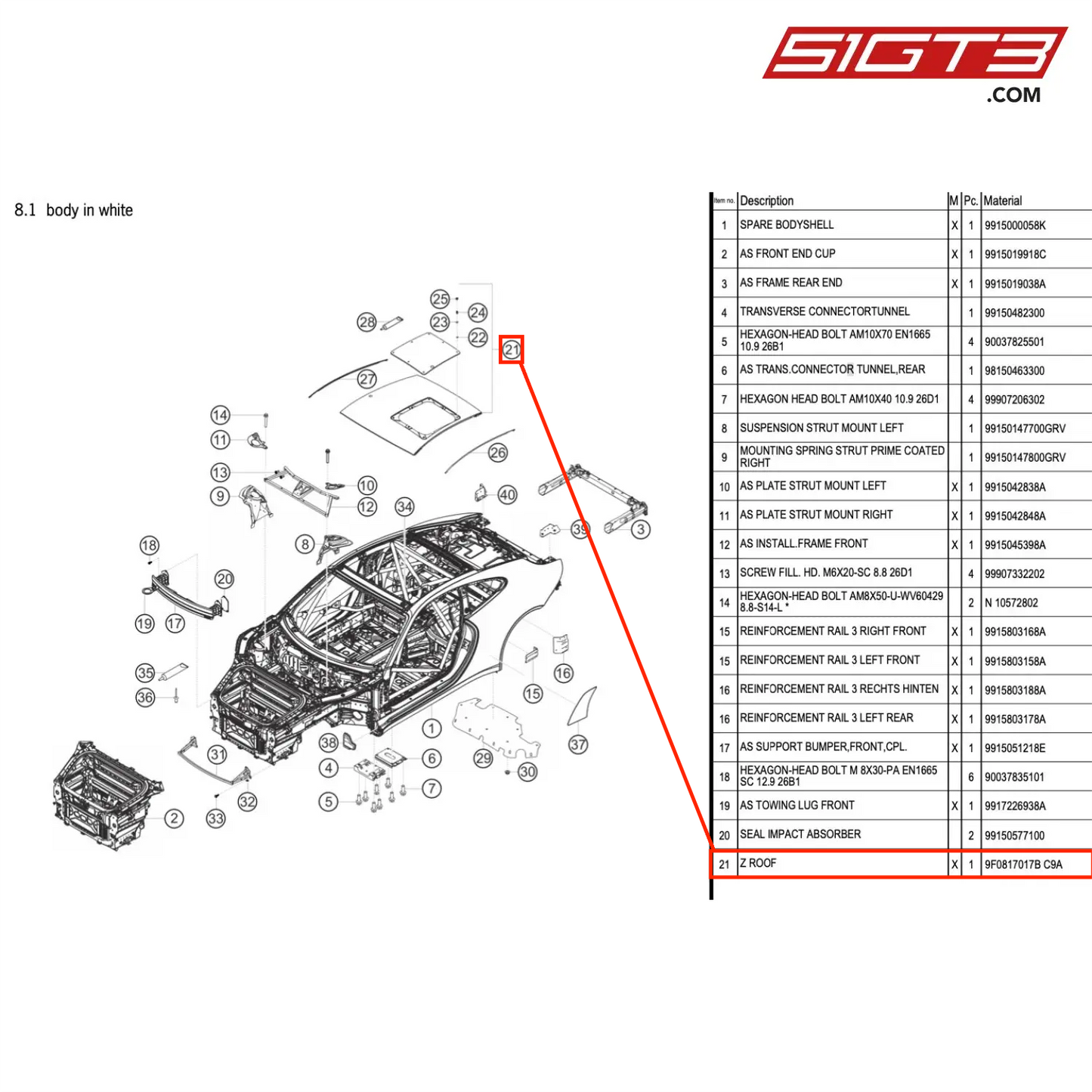 Z ROOF - 9F0817017B C9A [PORSCHE 991.1 GT3 Cup (2017)]