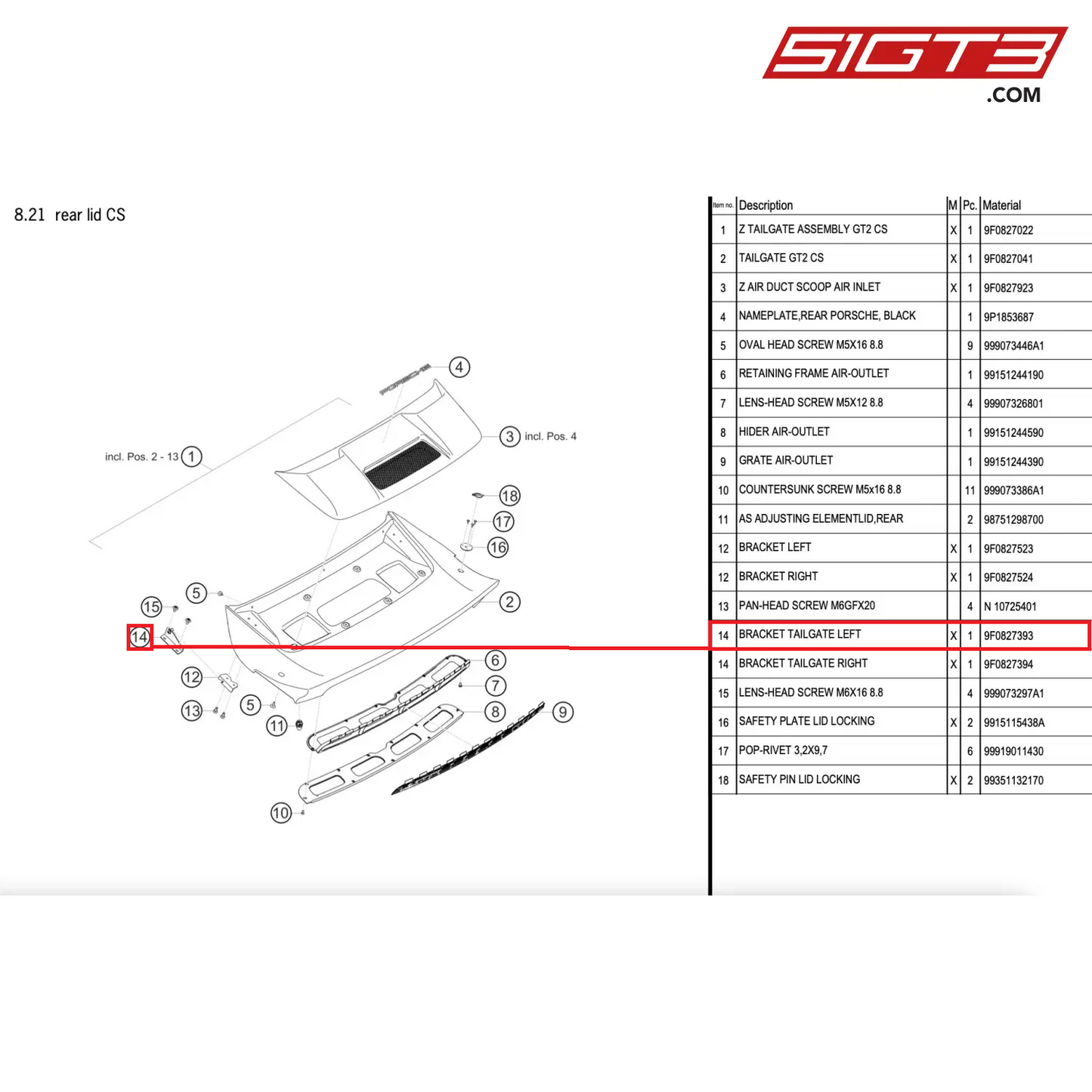 BRACKET TAILGATE LEFT - 9F0827393 [PORSCHE 911 GT2 RS Clubsport]