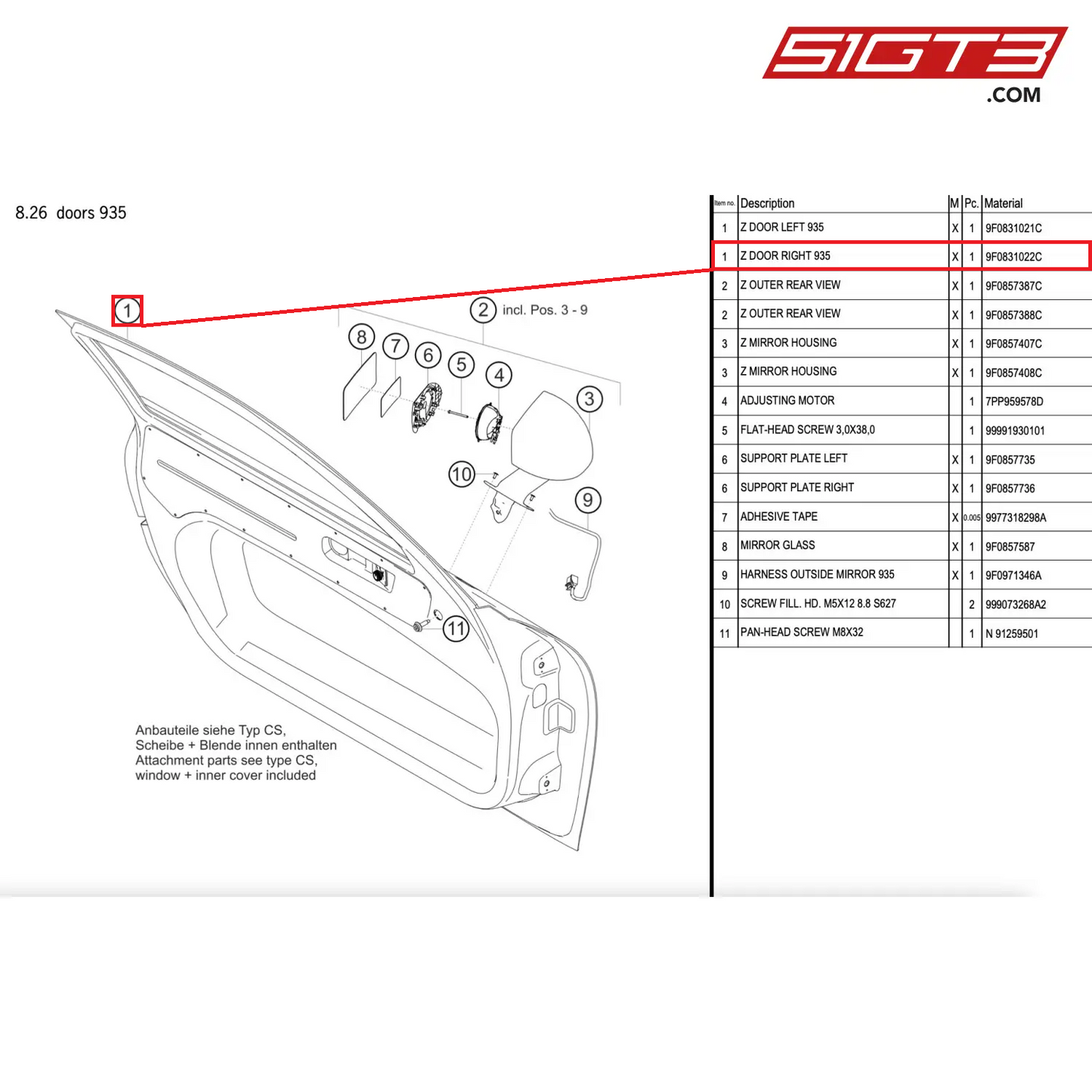 Z DOOR RIGHT 935 - 9F0831022C [PORSCHE 911 GT2 RS Clubsport]