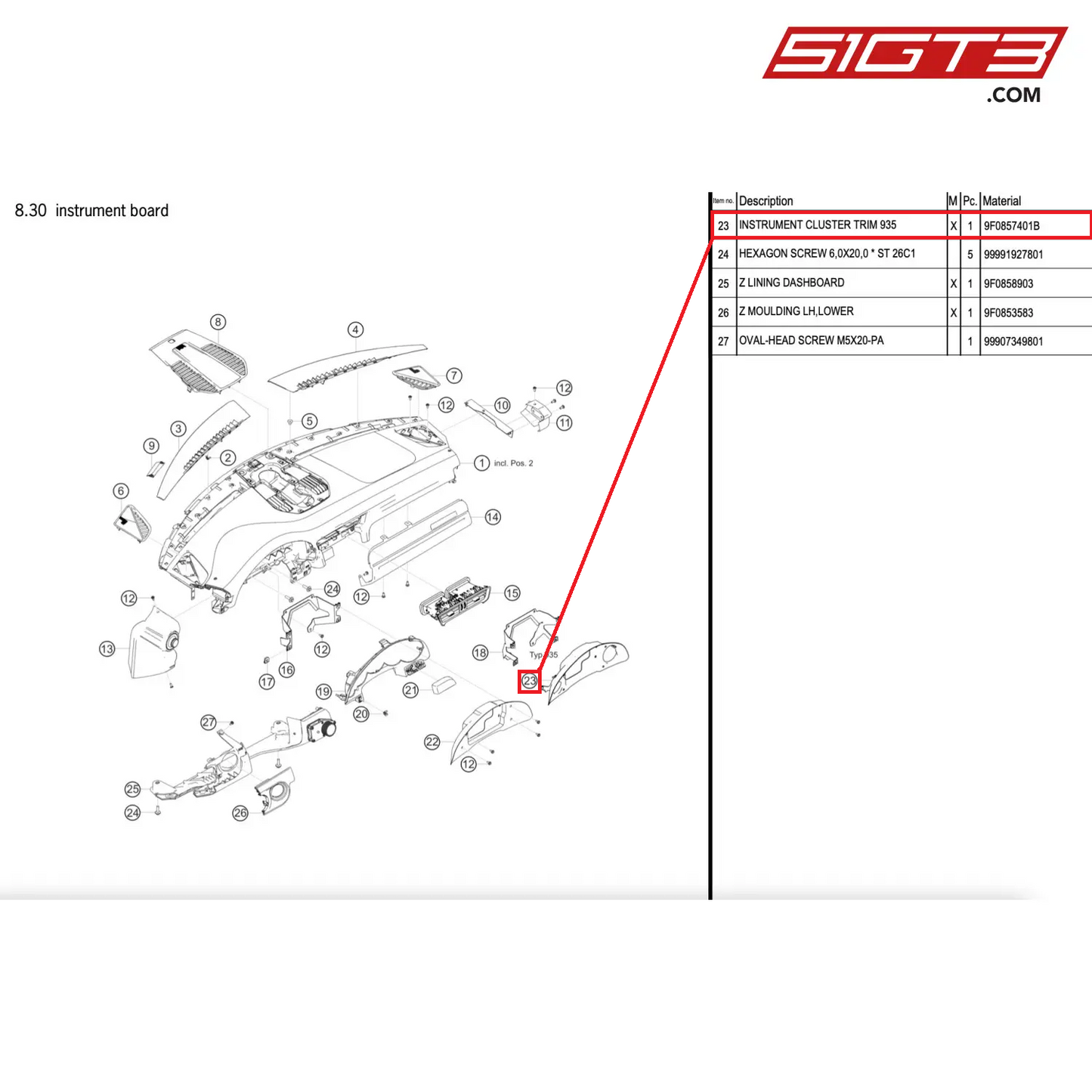 INSTRUMENT CLUSTER TRIM 935 - 9F0857401B [PORSCHE 911 GT2 RS Clubsport]