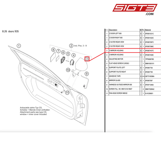 Z MIRROR HOUSING - 9F0857407C [PORSCHE 911 GT2 RS Clubsport]