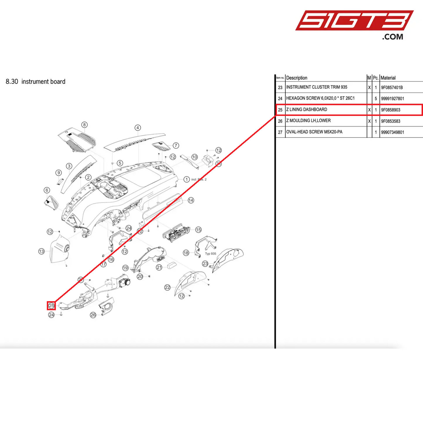 Z LINING DASHBOARD - 9F0858903 [PORSCHE 911 GT2 RS Clubsport]