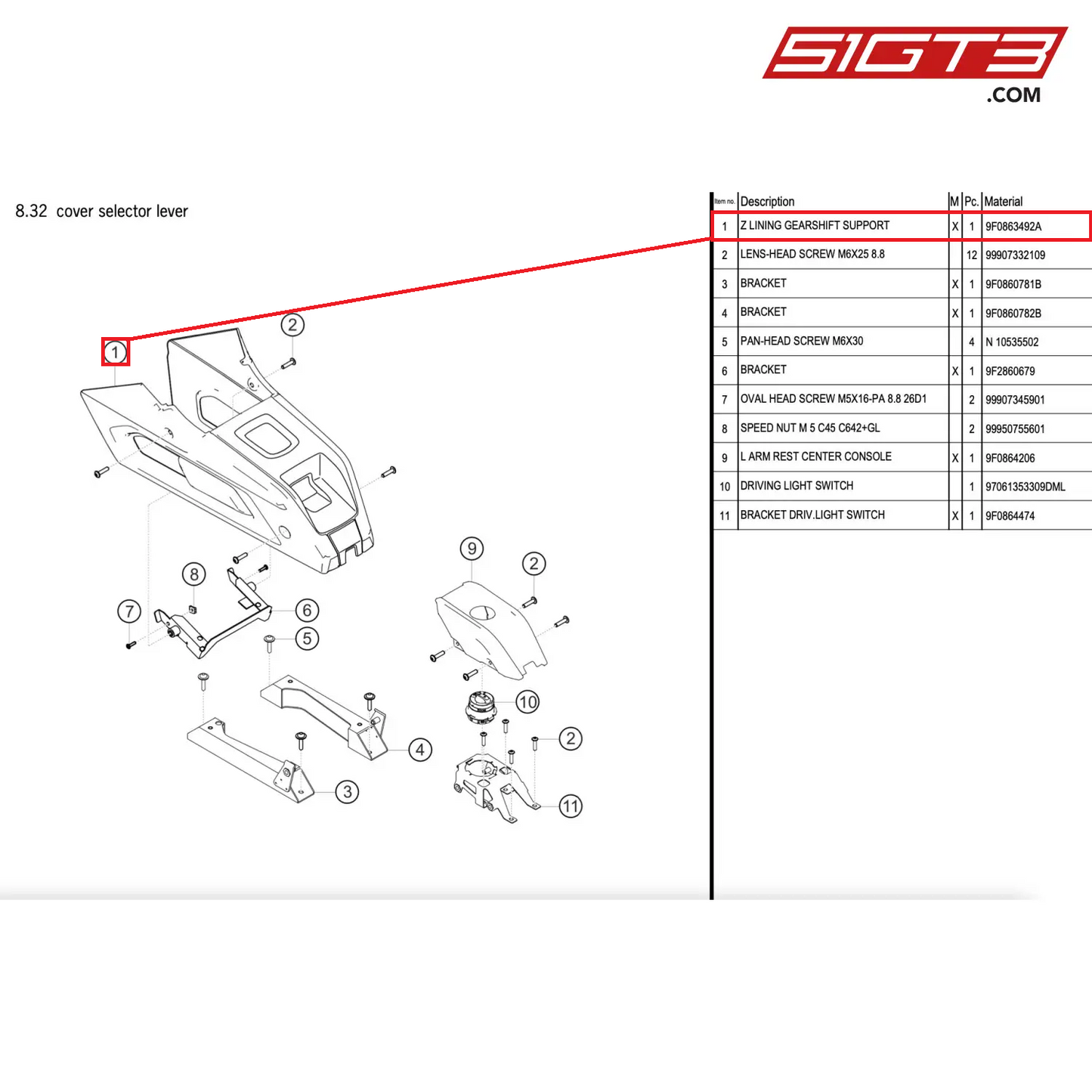 Z LINING GEARSHIFT SUPPORT - 9F0863492A [PORSCHE 911 GT2 RS Clubsport]