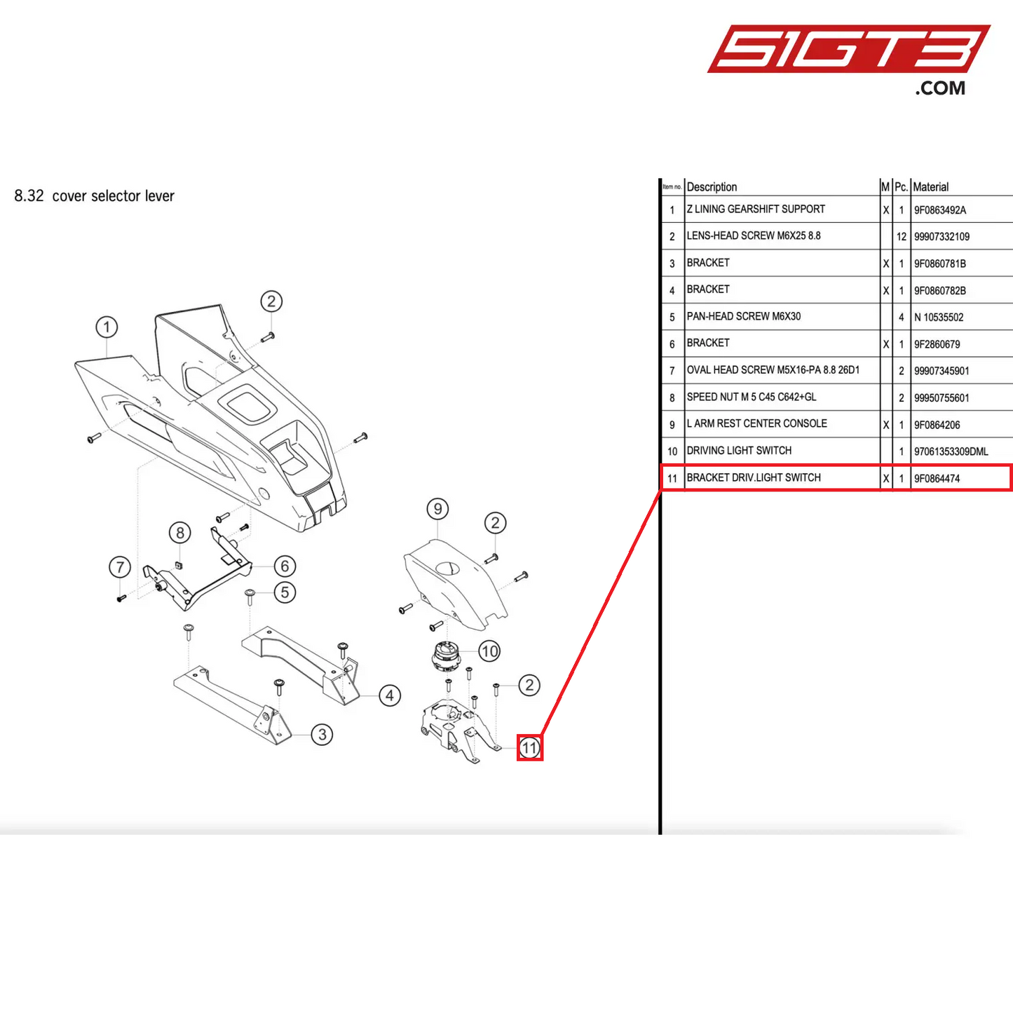 BRACKET DRIV.LIGHT SWITCH - 9F0864474 [PORSCHE 911 GT2 RS Clubsport]