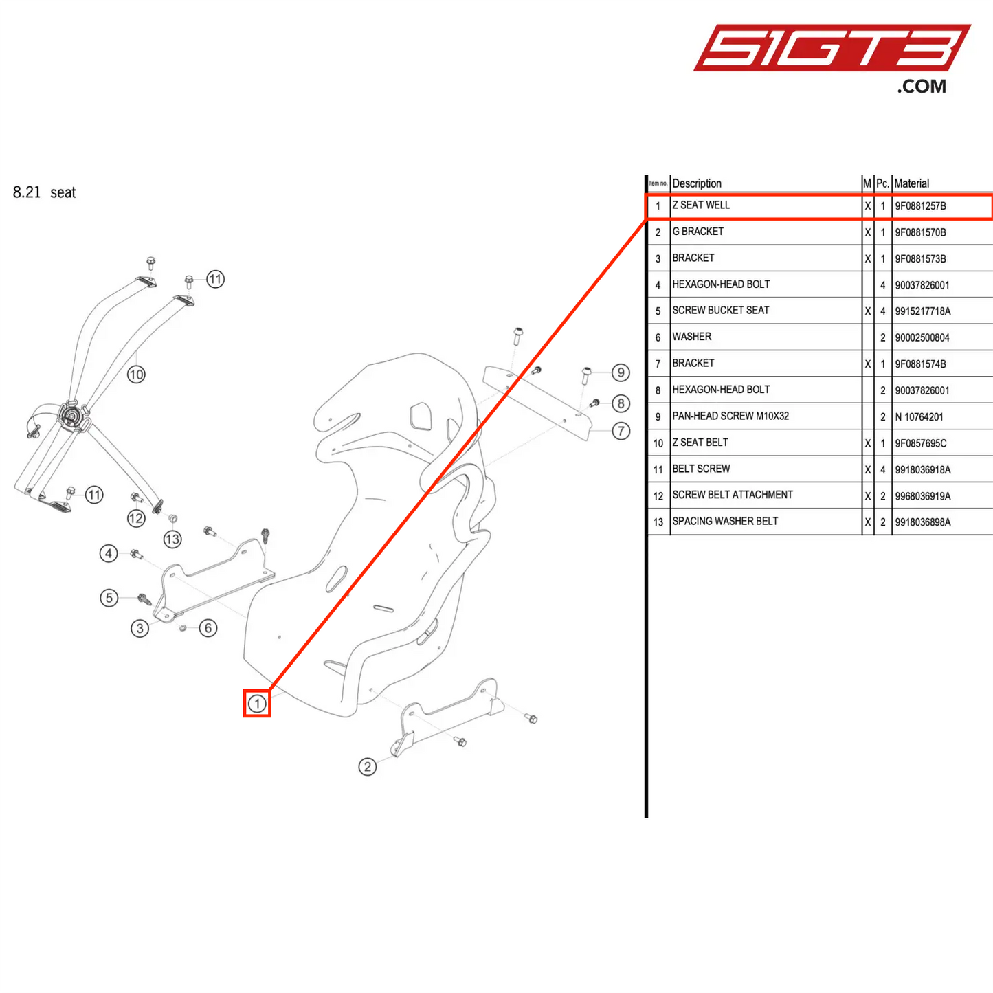 Z SEAT WELL - 9F0881257B [PORSCHE 991.2 GT3 R]