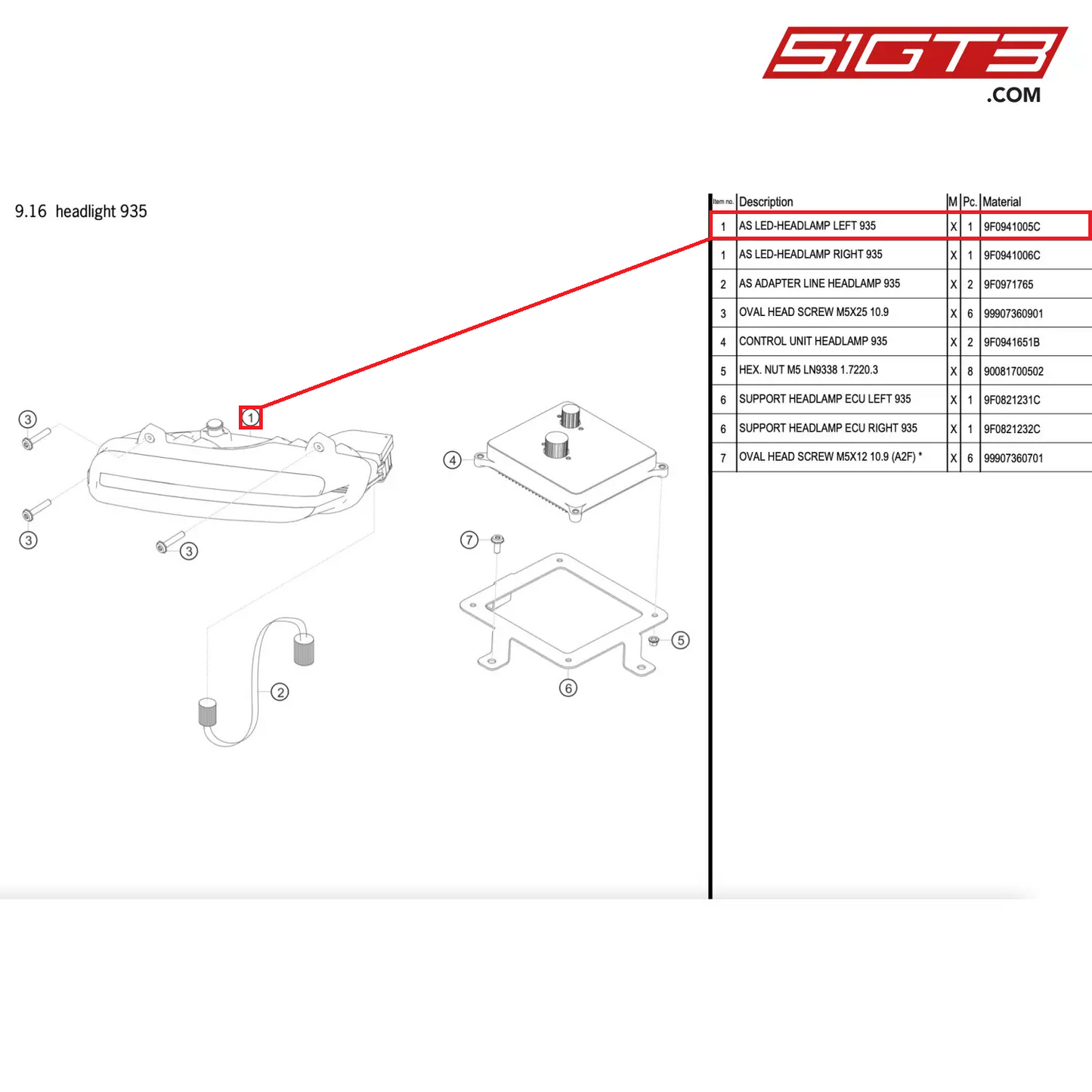 AS LED-HEADLAMP LEFT 935 - 9F0941005C [PORSCHE 911 GT2 RS Clubsport]