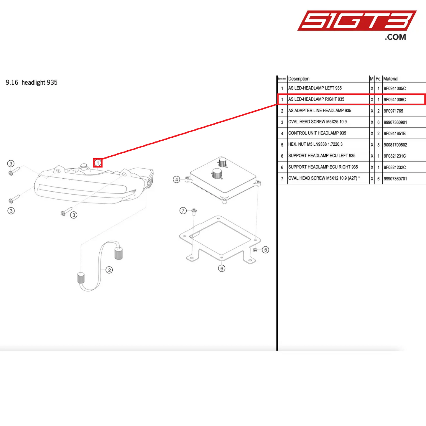 AS LED-HEADLAMP RIGHT 935 - 9F0941006C [PORSCHE 911 GT2 RS Clubsport]