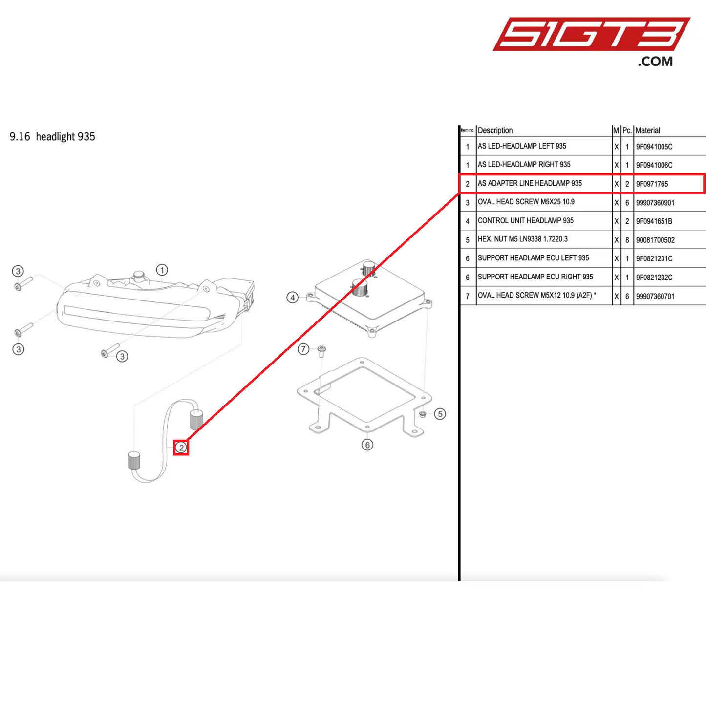 AS ADAPTER LINE HEADLAMP 935 - 9F0971765 [PORSCHE 911 GT2 RS Clubsport]