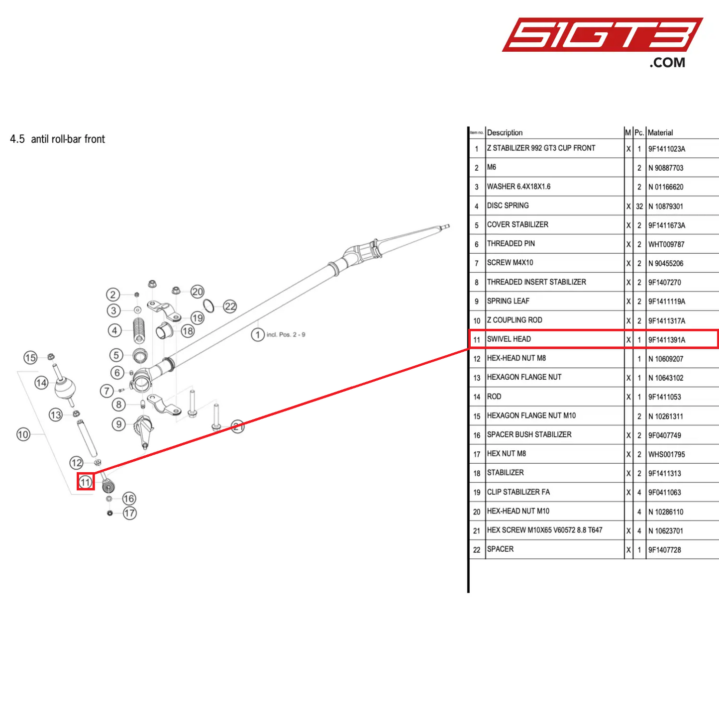 SWIVEL HEAD - 9F1411391A [PORSCHE 911 GT3 Cup Type 992]