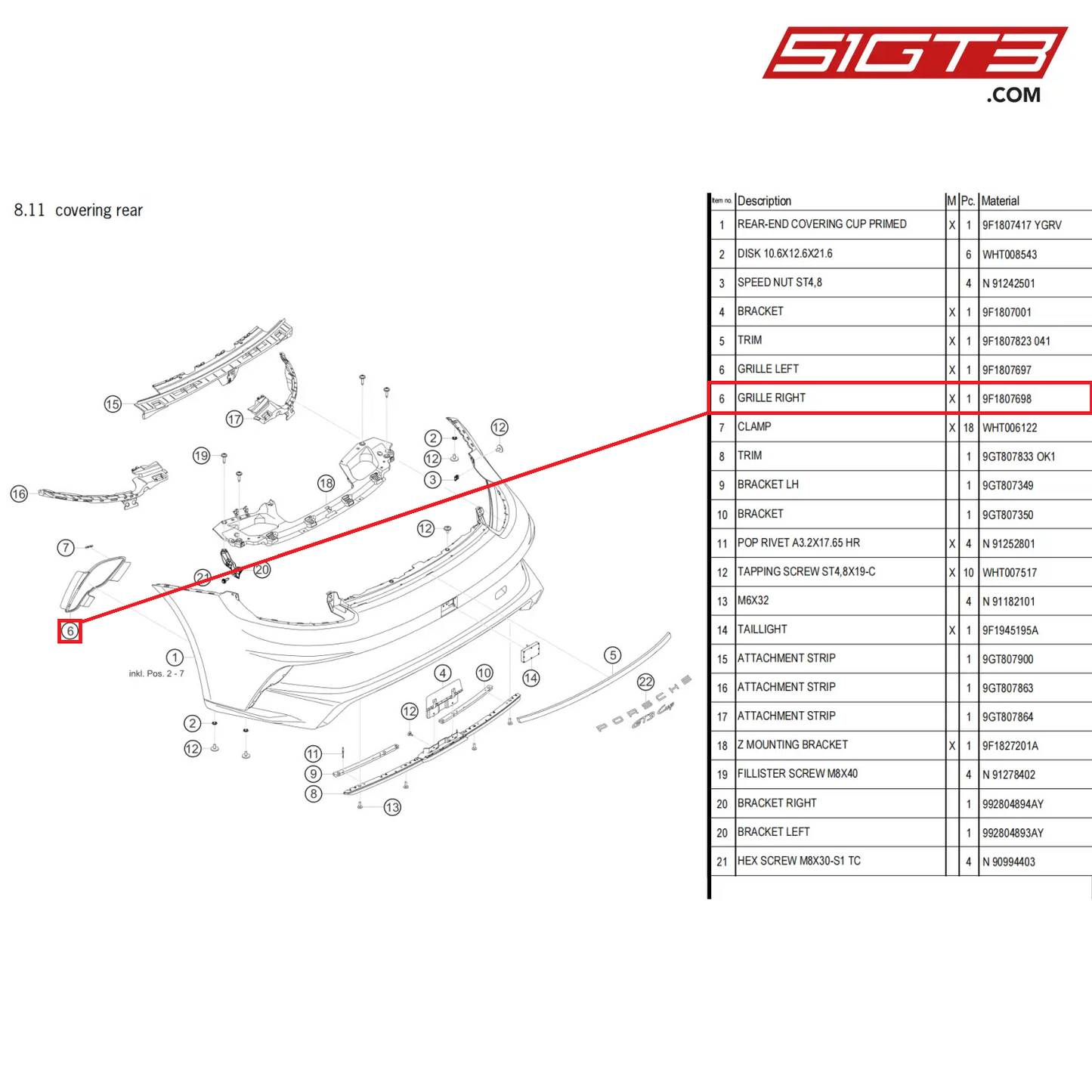 GRILLE RIGHT - 9F1807698 [PORSCHE 911 GT3 Cup Type 992]