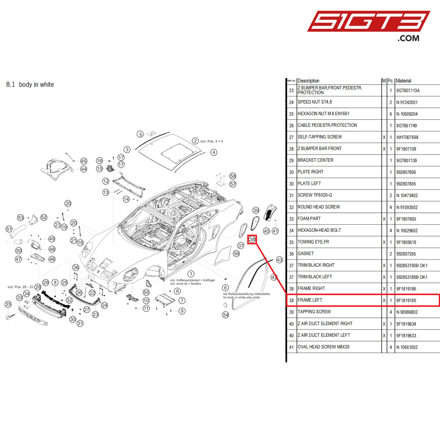 FRAME LEFT - 9F1819185 [PORSCHE 911 GT3 Cup Type 992]