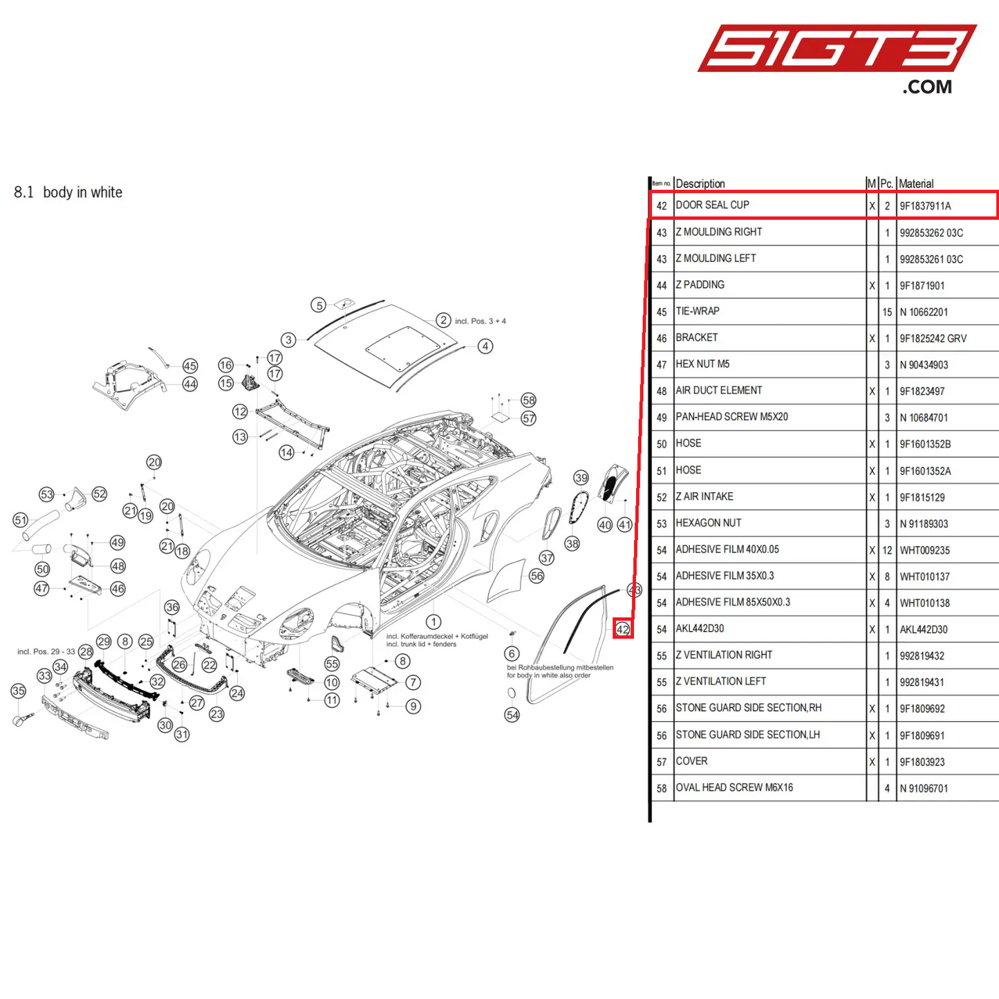 DOOR SEAL CUP - 9F1837911A [PORSCHE 911 GT3 Cup Type 992]