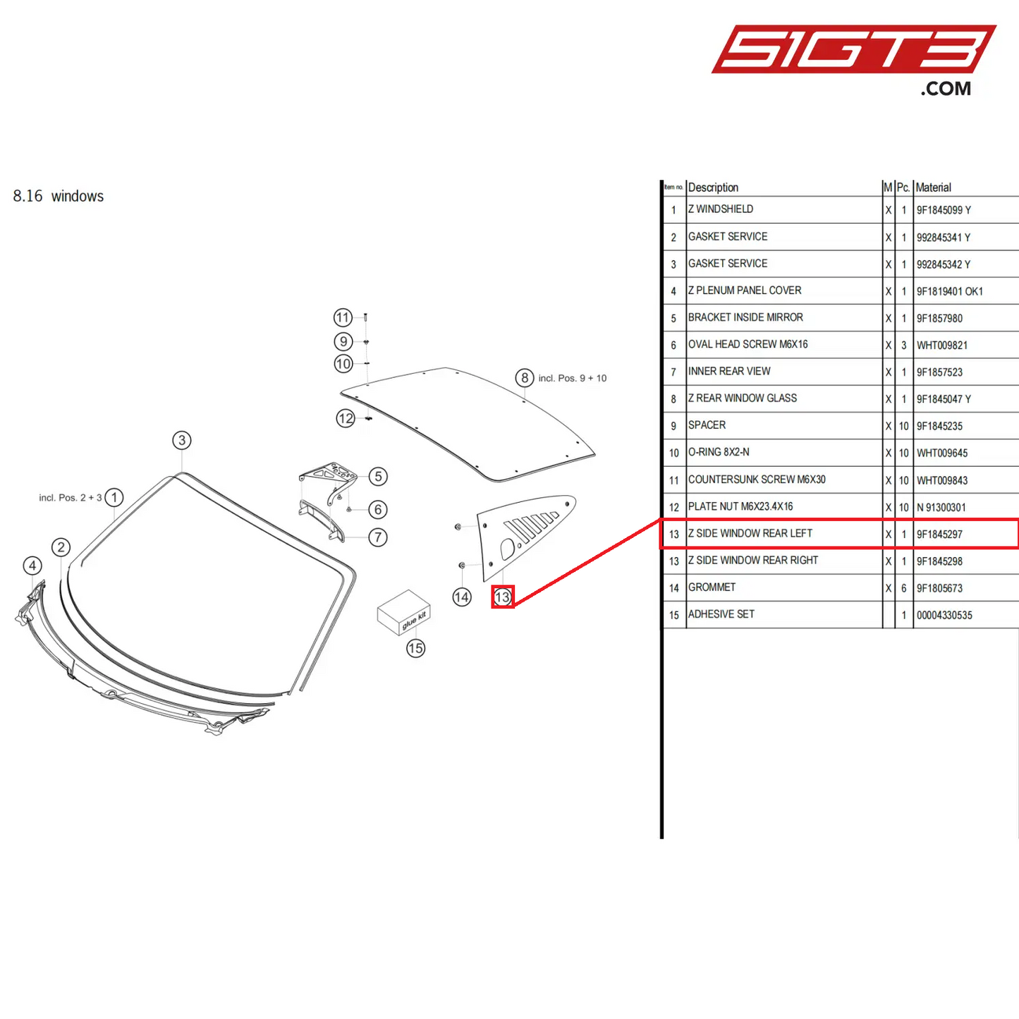 Z SIDE WINDOW REAR LEFT - 9F1845297 [PORSCHE 992.1 GT3 Cup]