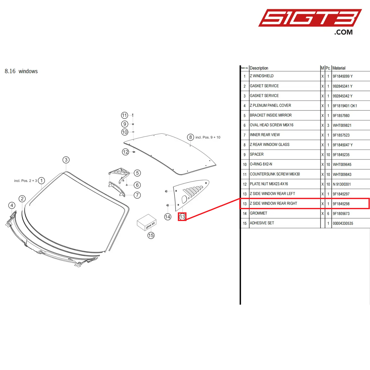 Z SIDE WINDOW REAR RIGHT - 9F1845298 [PORSCHE 911 GT3 Cup Type 992]