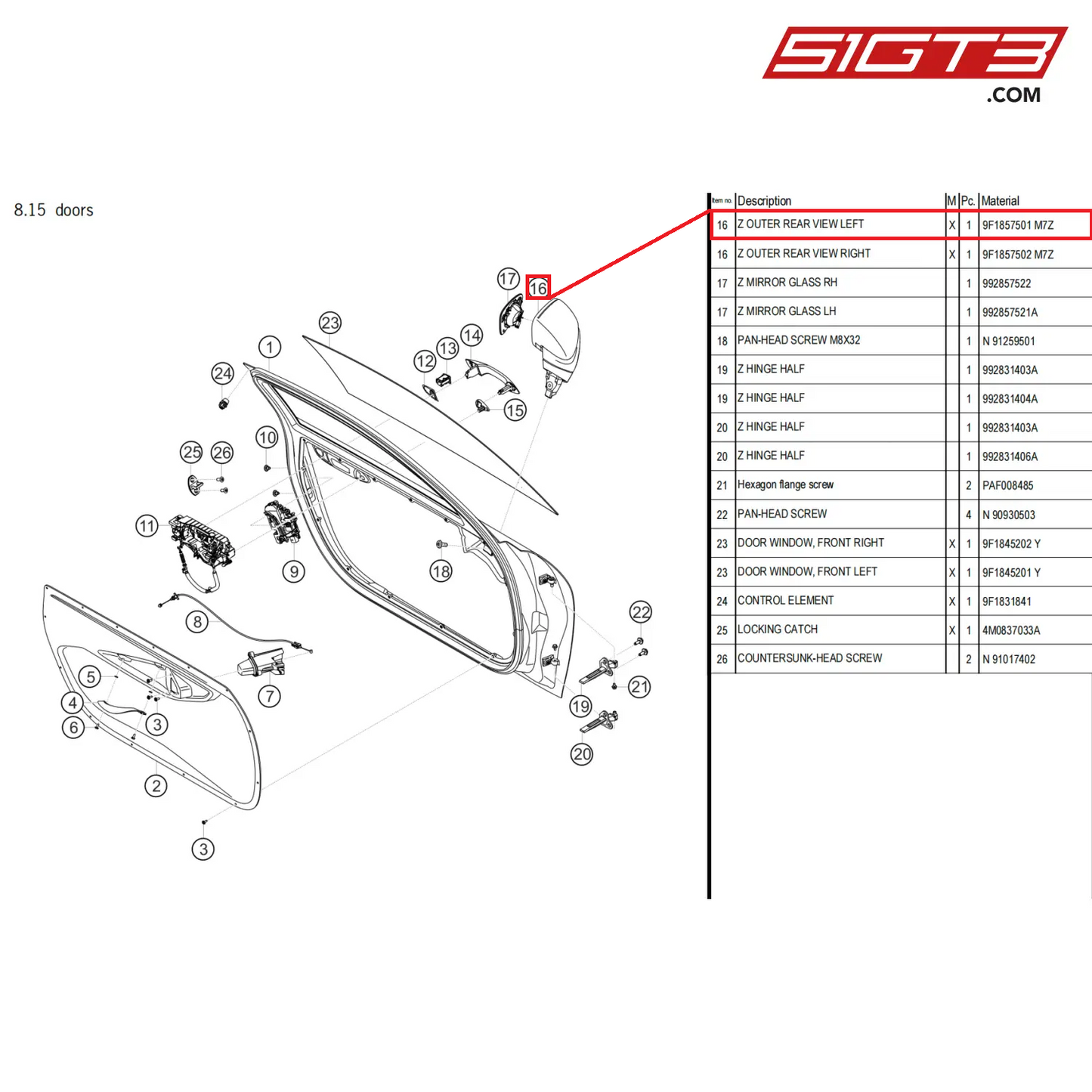 Z OUTER REAR VIEW LEFT - 9F1857501  M7Z [PORSCHE 911 GT3 Cup Type 992]