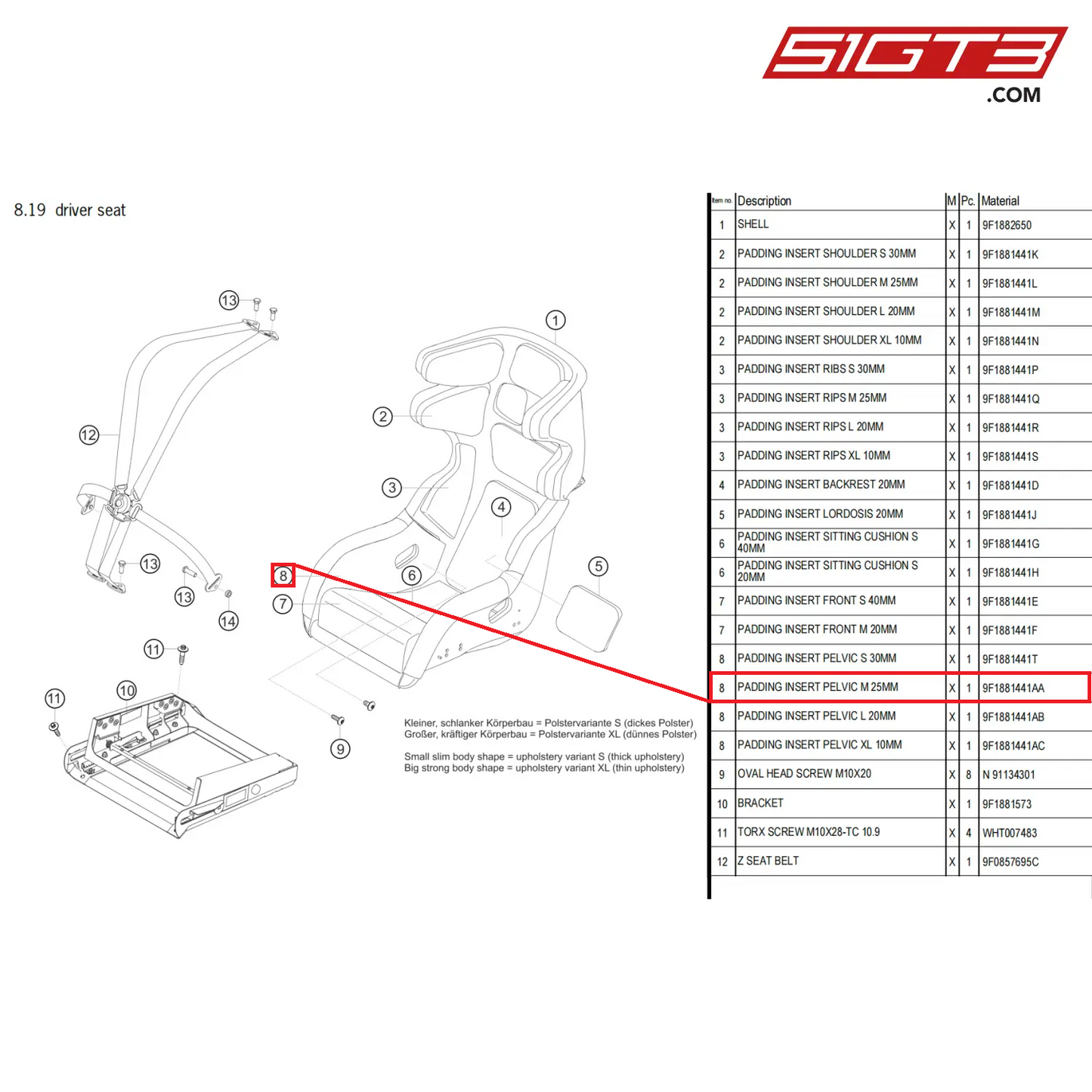 PADDING INSERT PELVIC M 25MM - 9F1881441AA [PORSCHE 911 GT3 Cup Type 992]