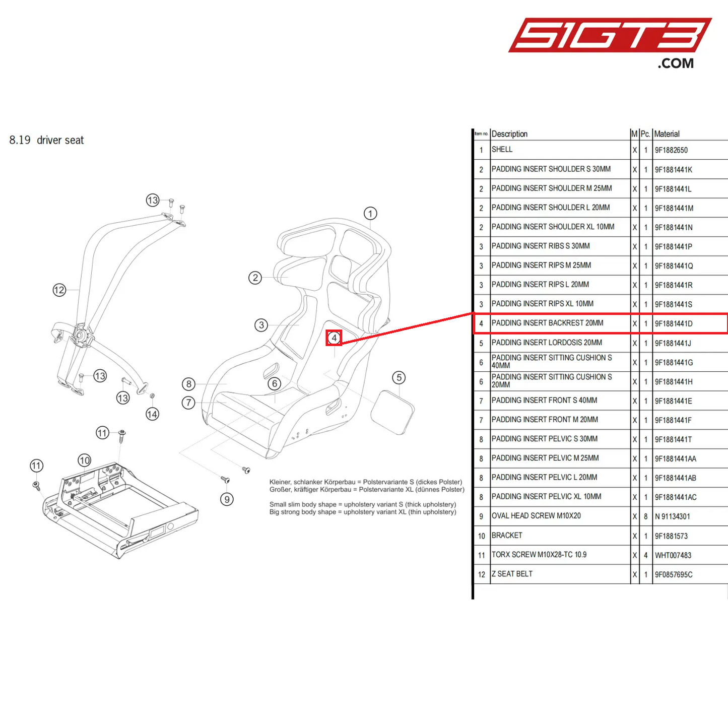 PADDING INSERT BACKREST 20MM - 9F1881441D [PORSCHE 911 GT3 Cup Type 992]