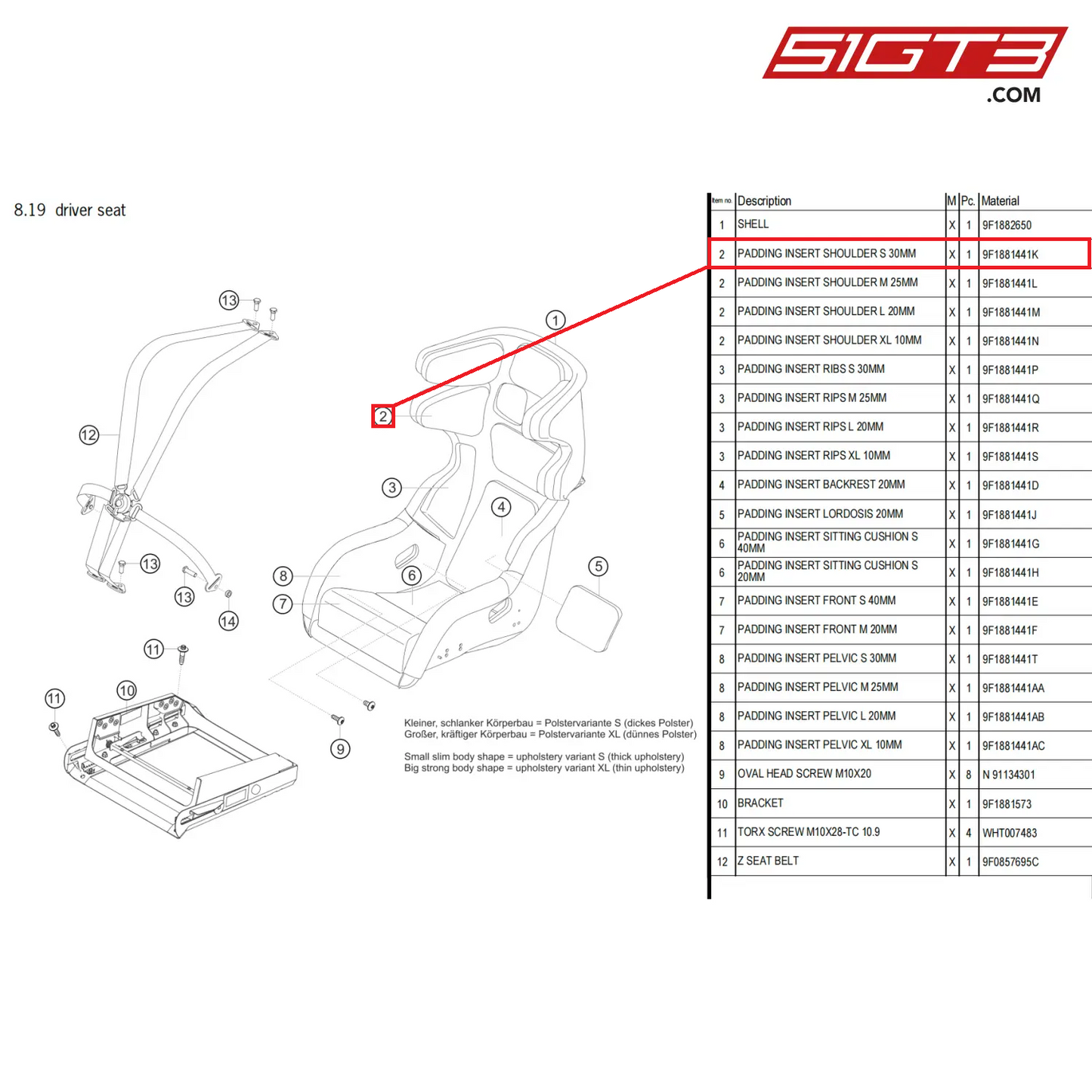 PADDING INSERT SHOULDER S 30MM - 9F1881441K [PORSCHE 911 GT3 Cup Type 992]