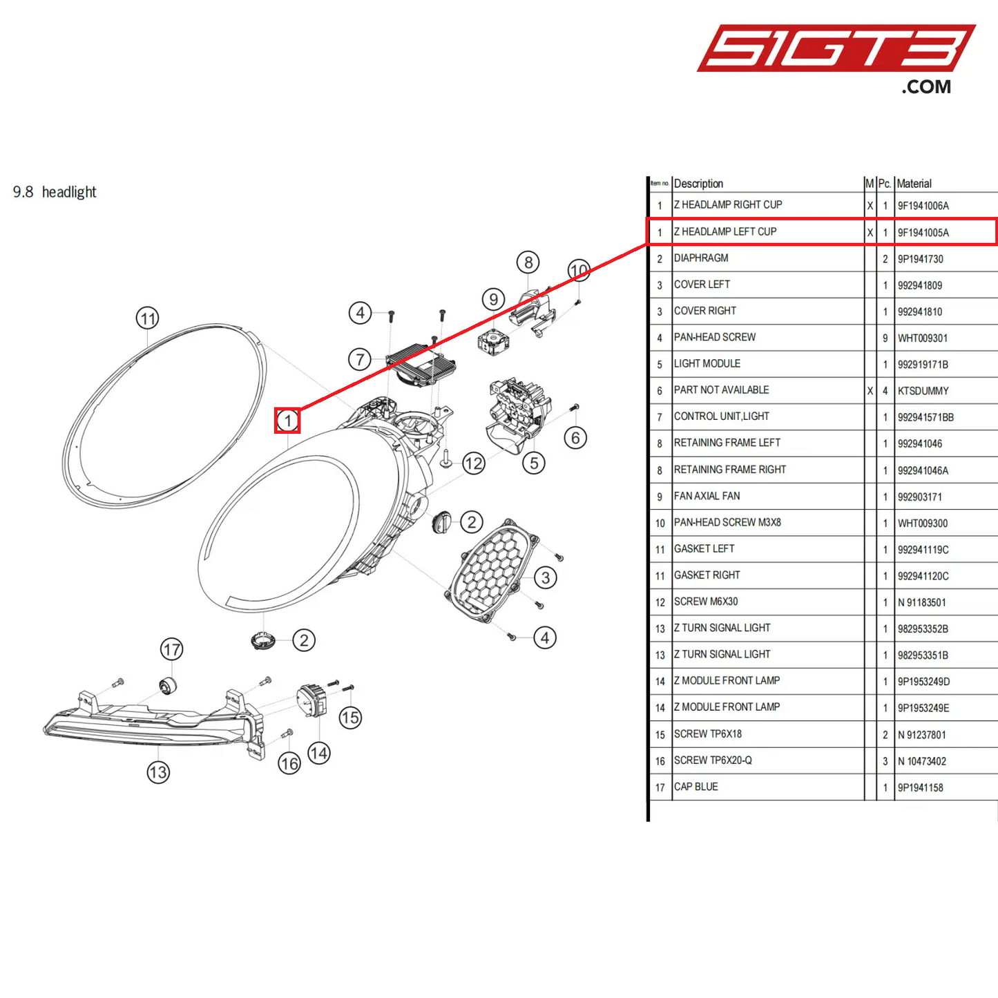 Z HEADLAMP LEFT CUP - 9F1941005A [PORSCHE 911 GT3 Cup Type 992]