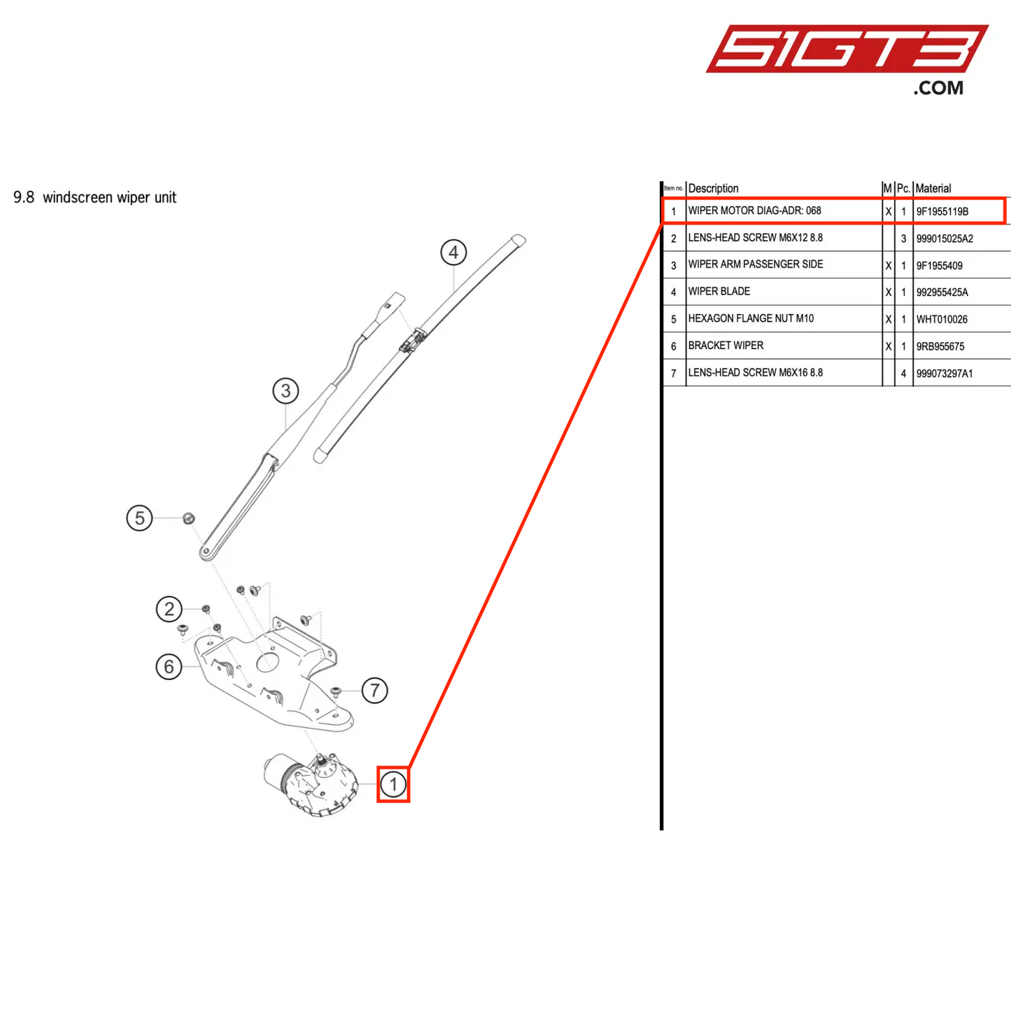 WIPER MOTOR DIAG-ADR: 068 - 9F1955119B [PORSCHE 992.1 GT3 R]