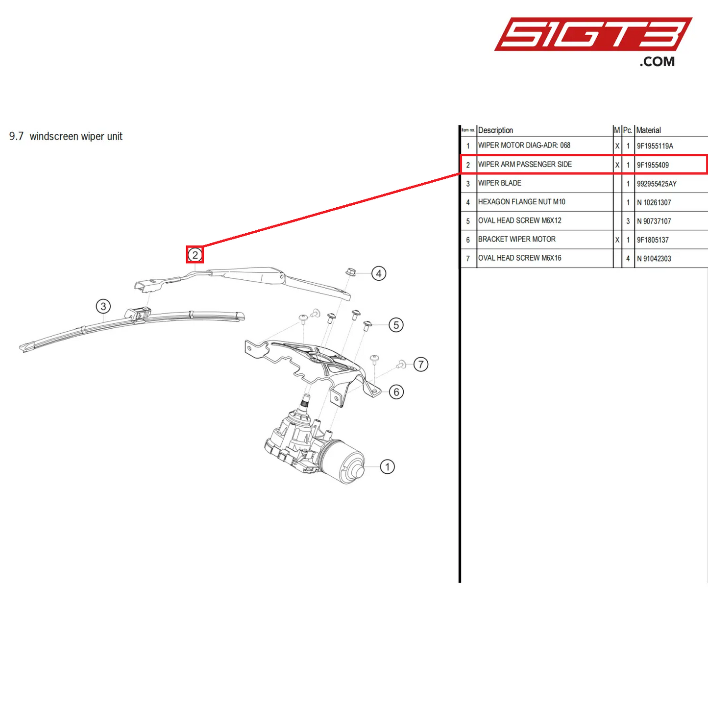 WIPER ARM PASSENGER SIDE - 9F1955409 [PORSCHE 911 GT3 Cup Type 992]