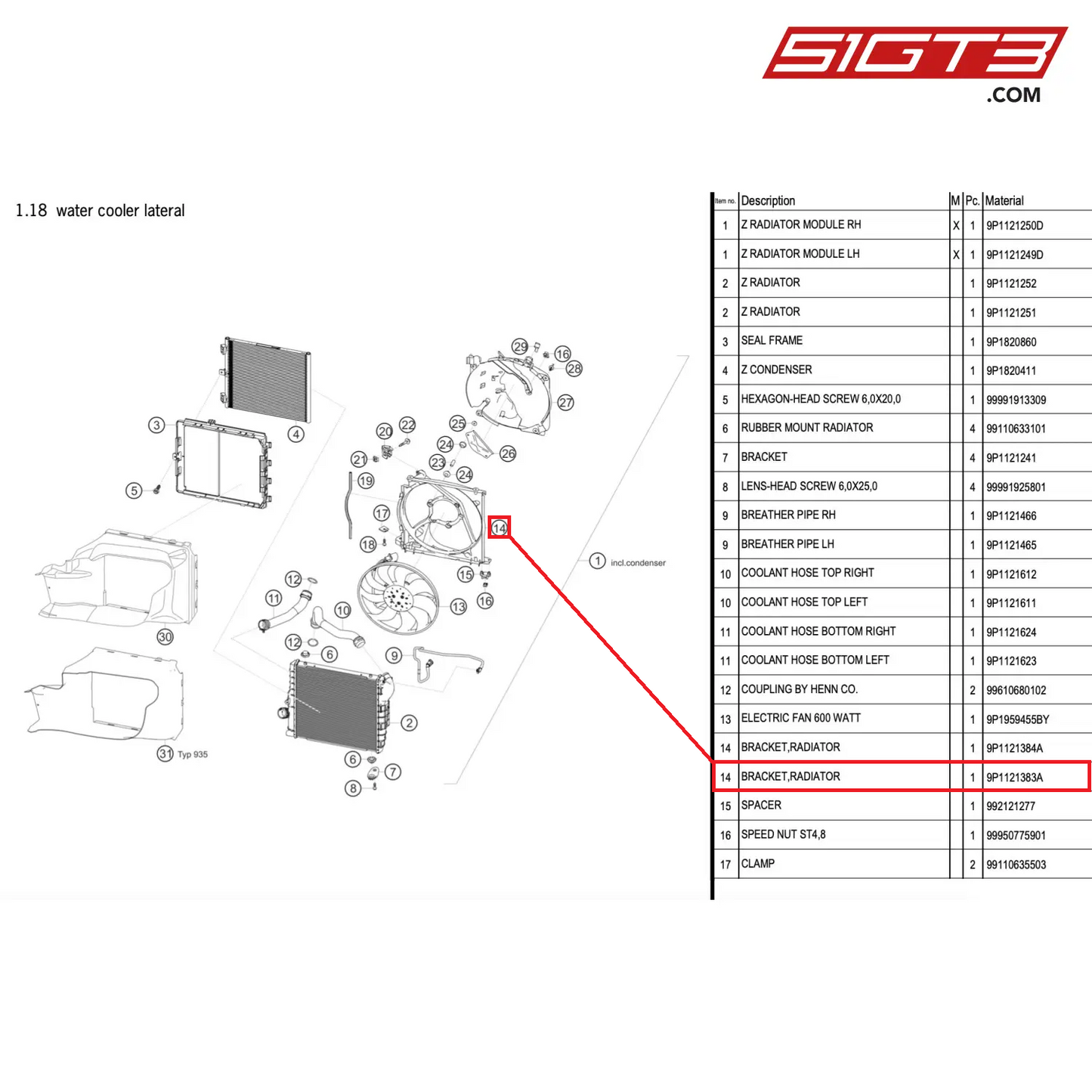 BRACKET,RADIATOR - 9P1121383A [PORSCHE 911 GT2 RS Clubsport]