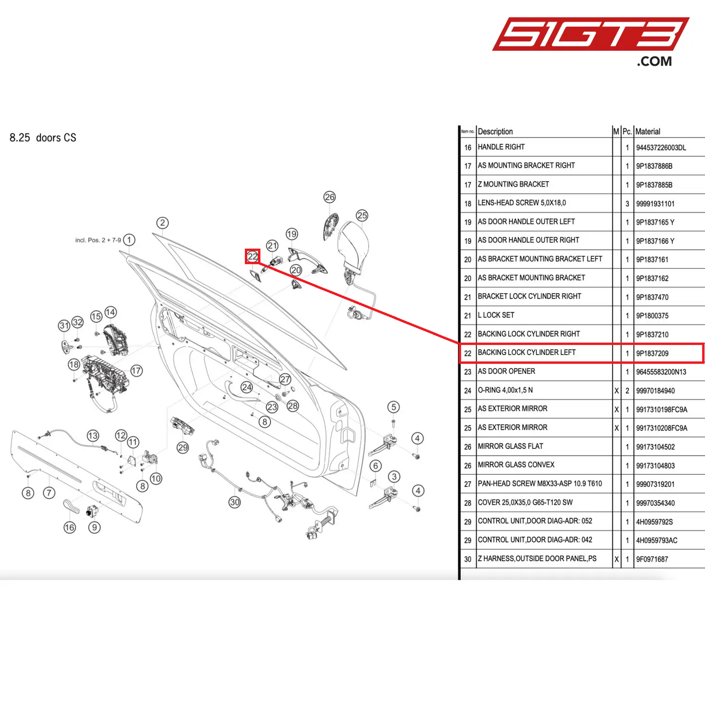 BACKING LOCK CYLINDER LEFT - 9P1837209 [PORSCHE 911 GT2 RS Clubsport]