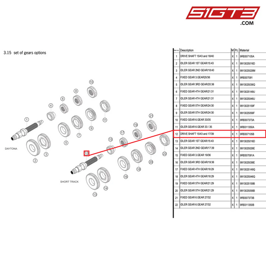 DRIVE SHAFT 15/43 and 17/39 - 9RB307105B [PORSCHE 992.1 GT3 R]