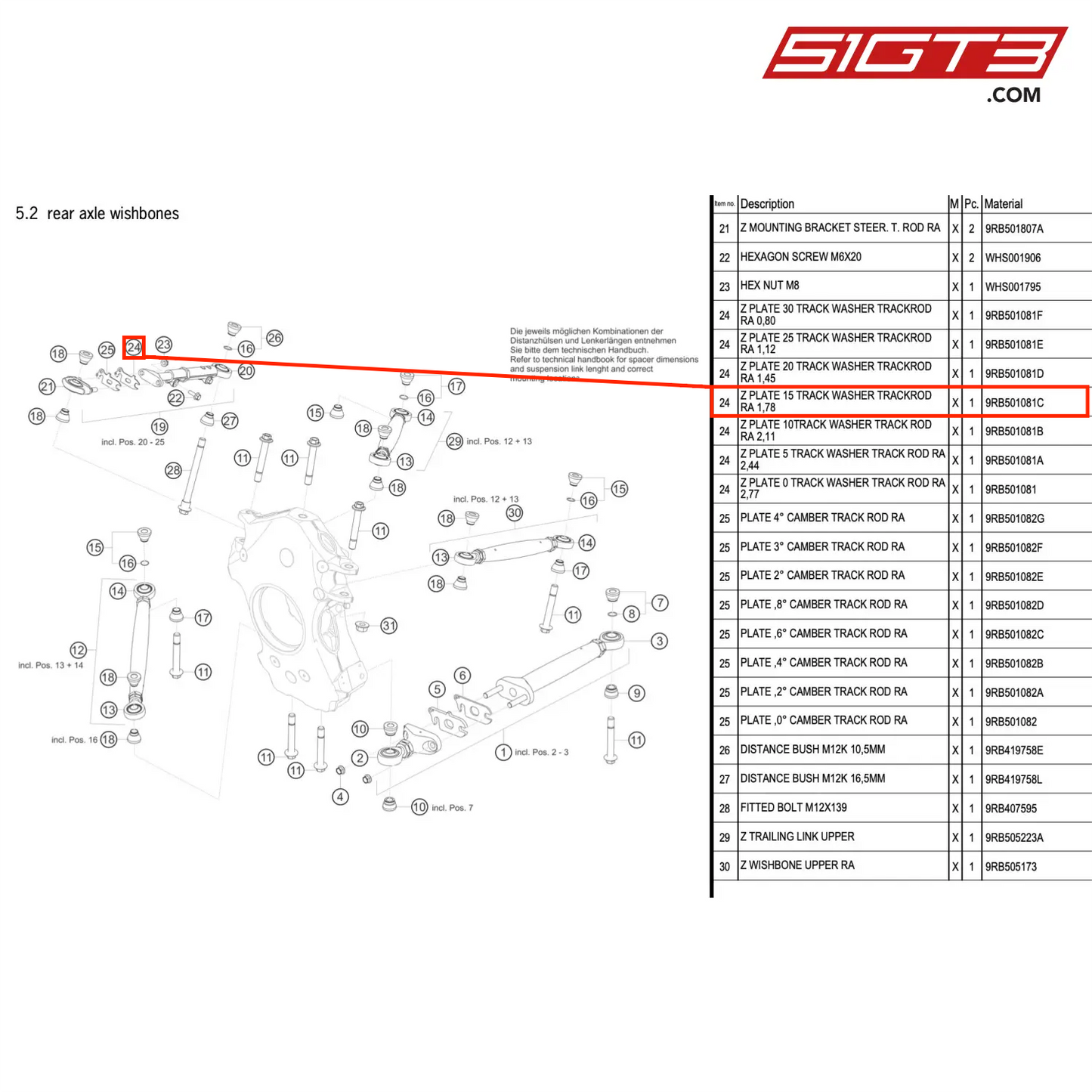 Z PLATE 15 TRACK WASHER TRACKROD RA 1,78 - 9RB501081C [PORSCHE 992.1 GT3 R]