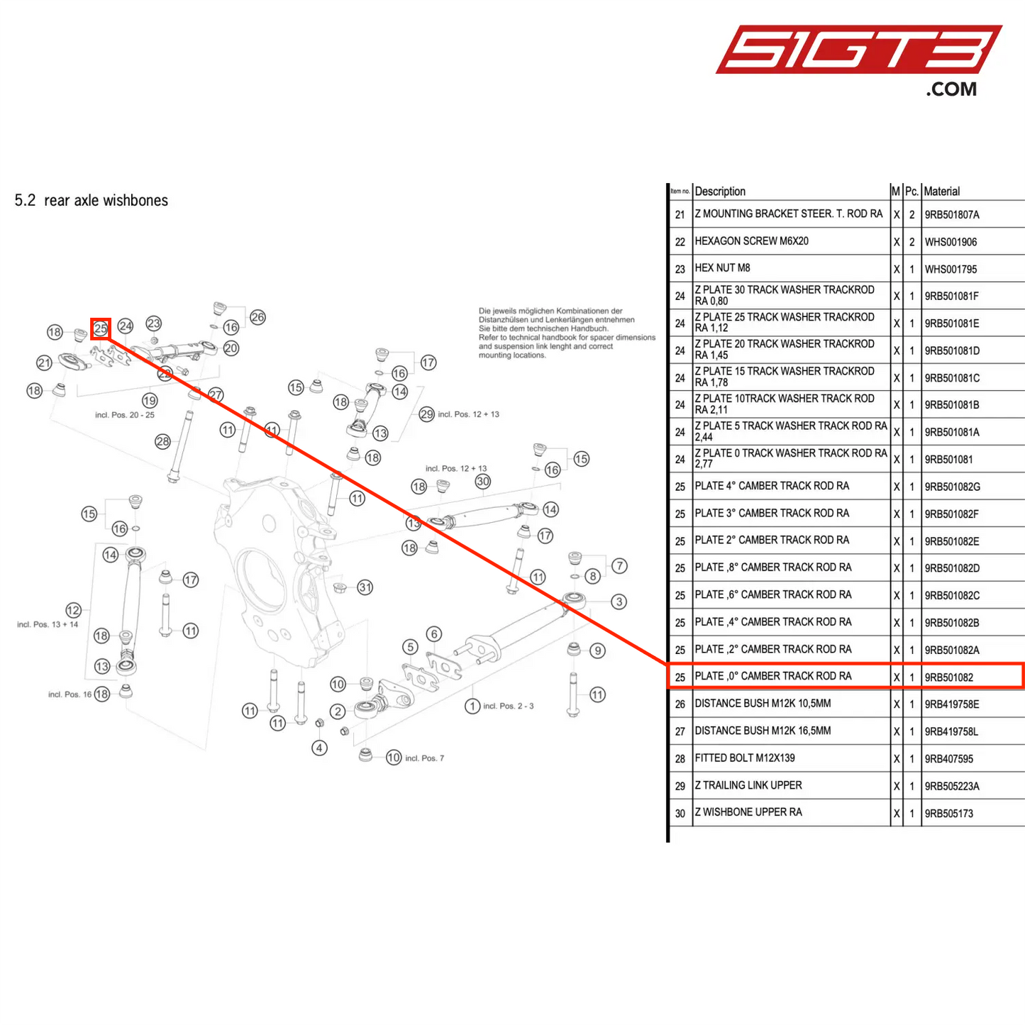 PLATE ,0° CAMBER TRACK ROD RA - 9RB501082 [PORSCHE 992.1 GT3 R]