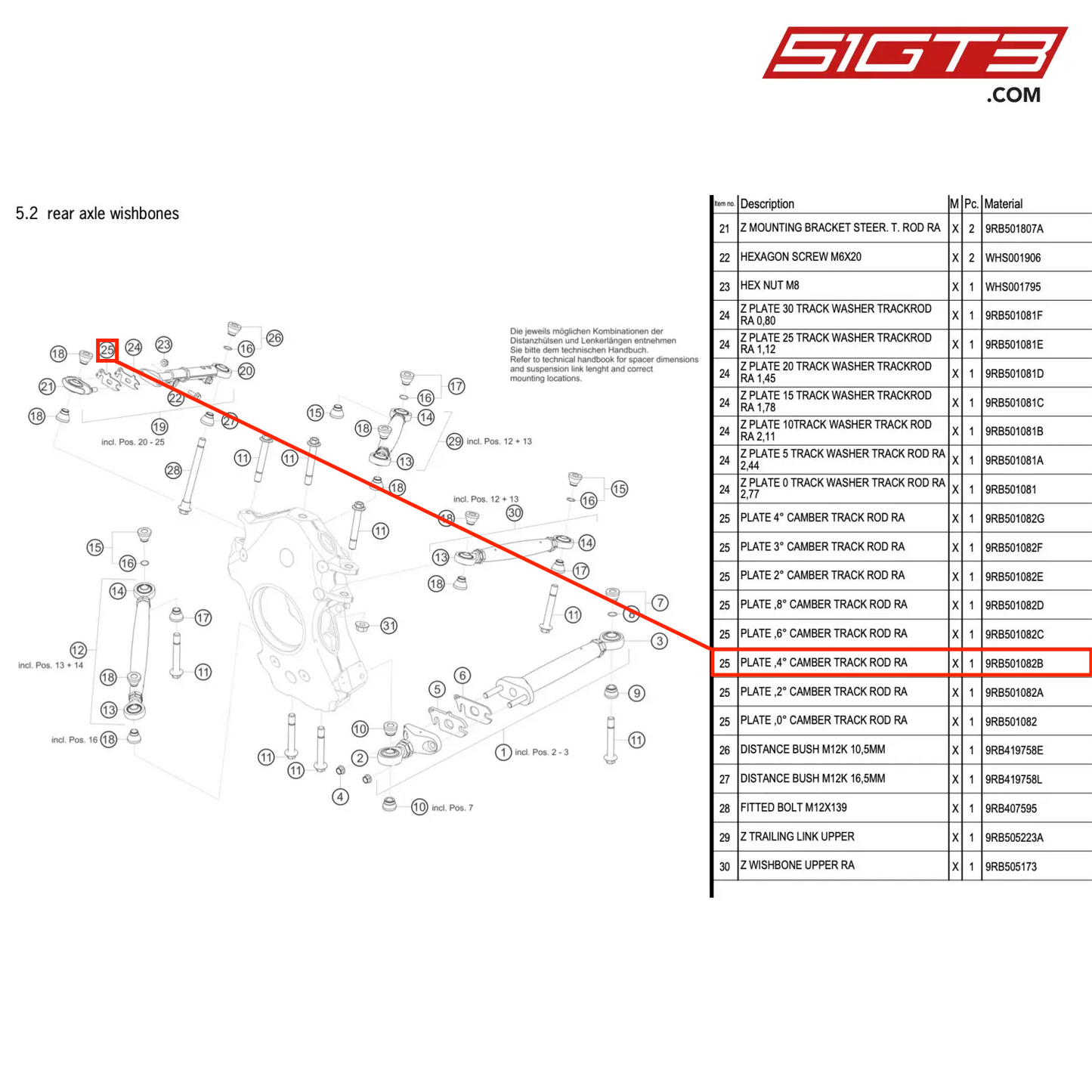 PLATE ,4° CAMBER TRACK ROD RA - 9RB501082B [PORSCHE 992.1 GT3 R]