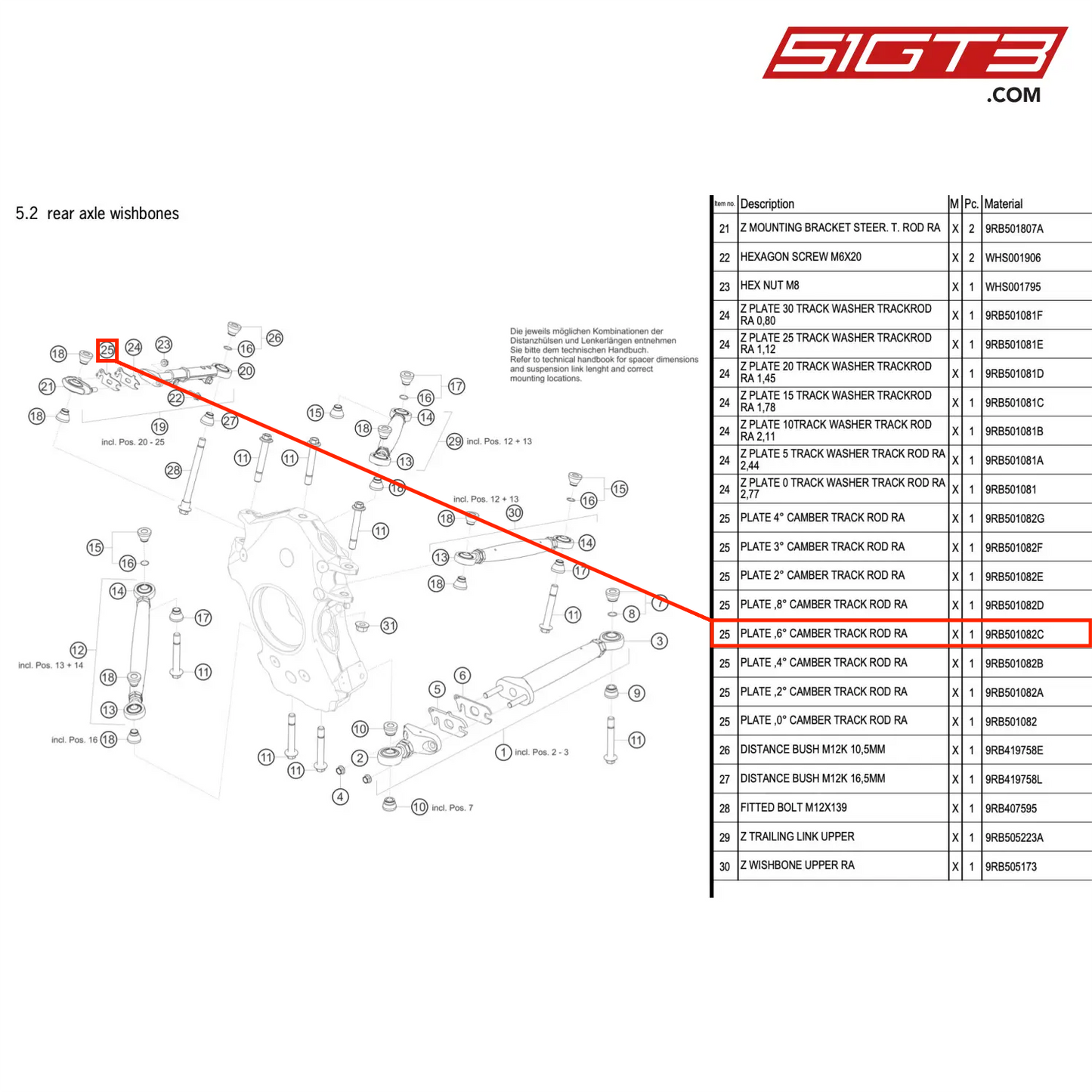 PLATE ,6° CAMBER TRACK ROD RA - 9RB501082C [PORSCHE 992.1 GT3 R]