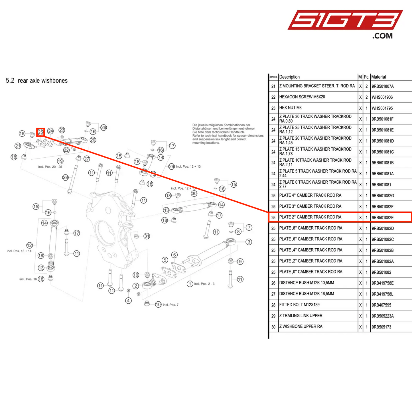 PLATE 2° CAMBER TRACK ROD RA - 9RB501082E [PORSCHE 992.1 GT3 R]