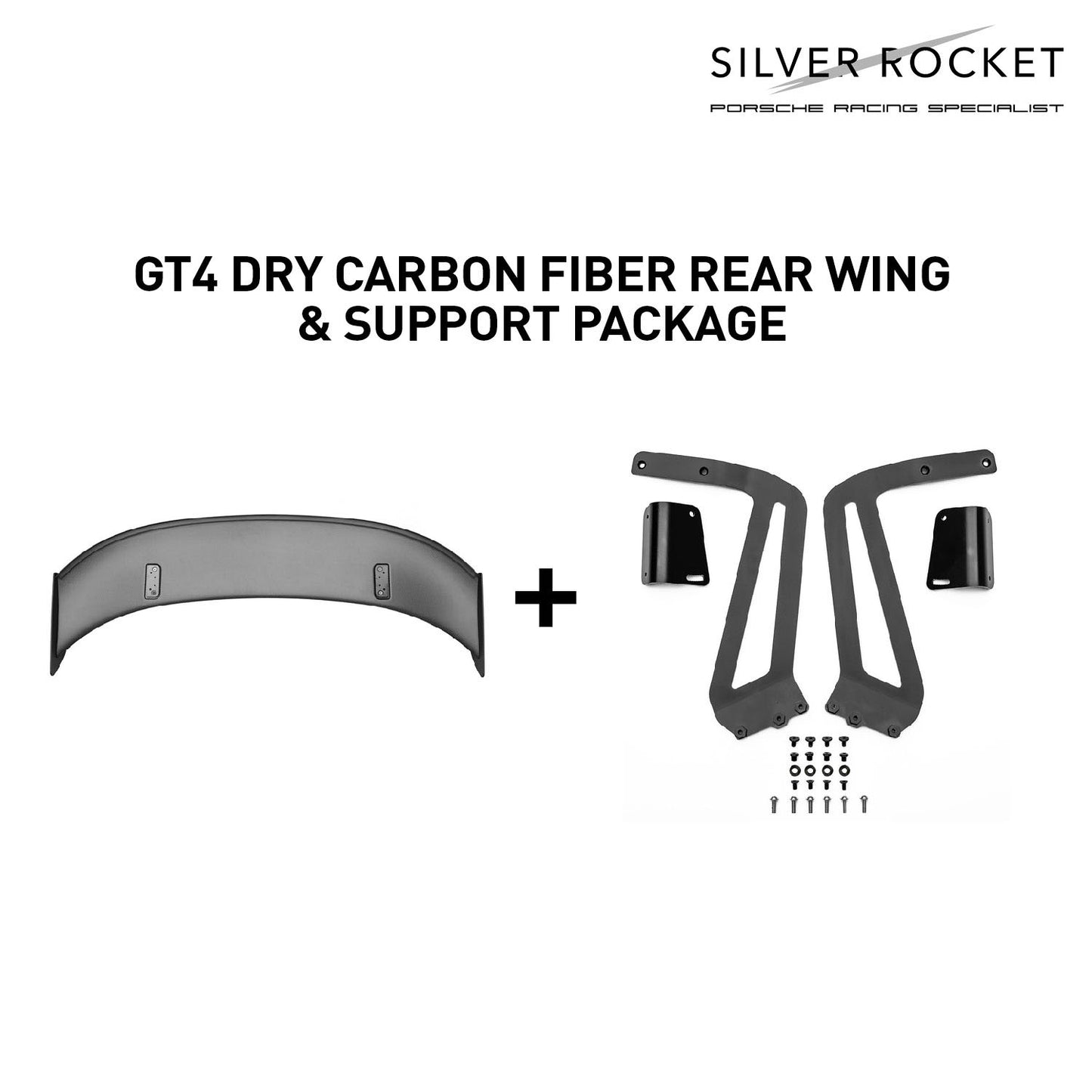 SilverRocket GT4 DRY CARBON FIBER SWAN NECK CLUBSPORT REAR WING & SUPPORT PACKAGE - 9F2827677B / 9F2827453 / 9F2827454 [PORSCHE 981/718 GT4 Clubsport, 718 GT4 RS Clubsport]