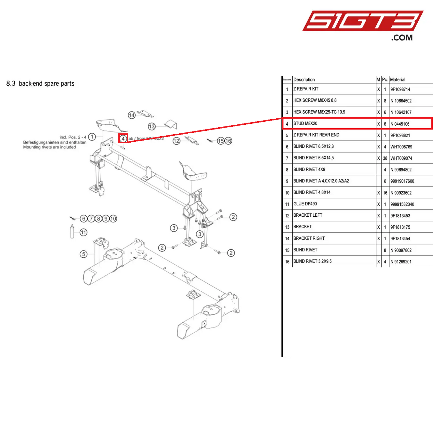 STUD M8X20 - N  0445106 [PORSCHE 911 GT3 Cup Type 992]