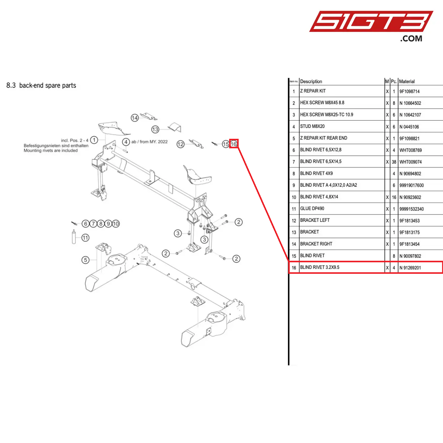 BLIND RIVET 3.2X9.5 - N  91269201 [PORSCHE 911 GT3 Cup Type 992]