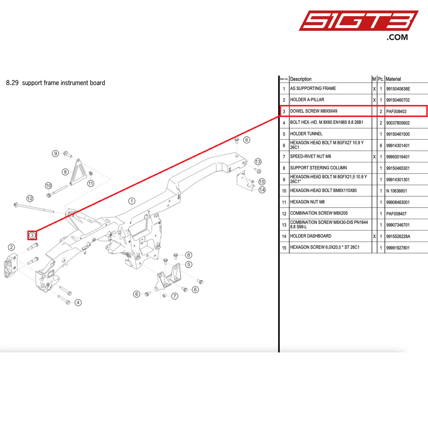 DOWEL SCREW M8X9X49 - PAF008402 [PORSCHE 911 GT2 RS Clubsport]