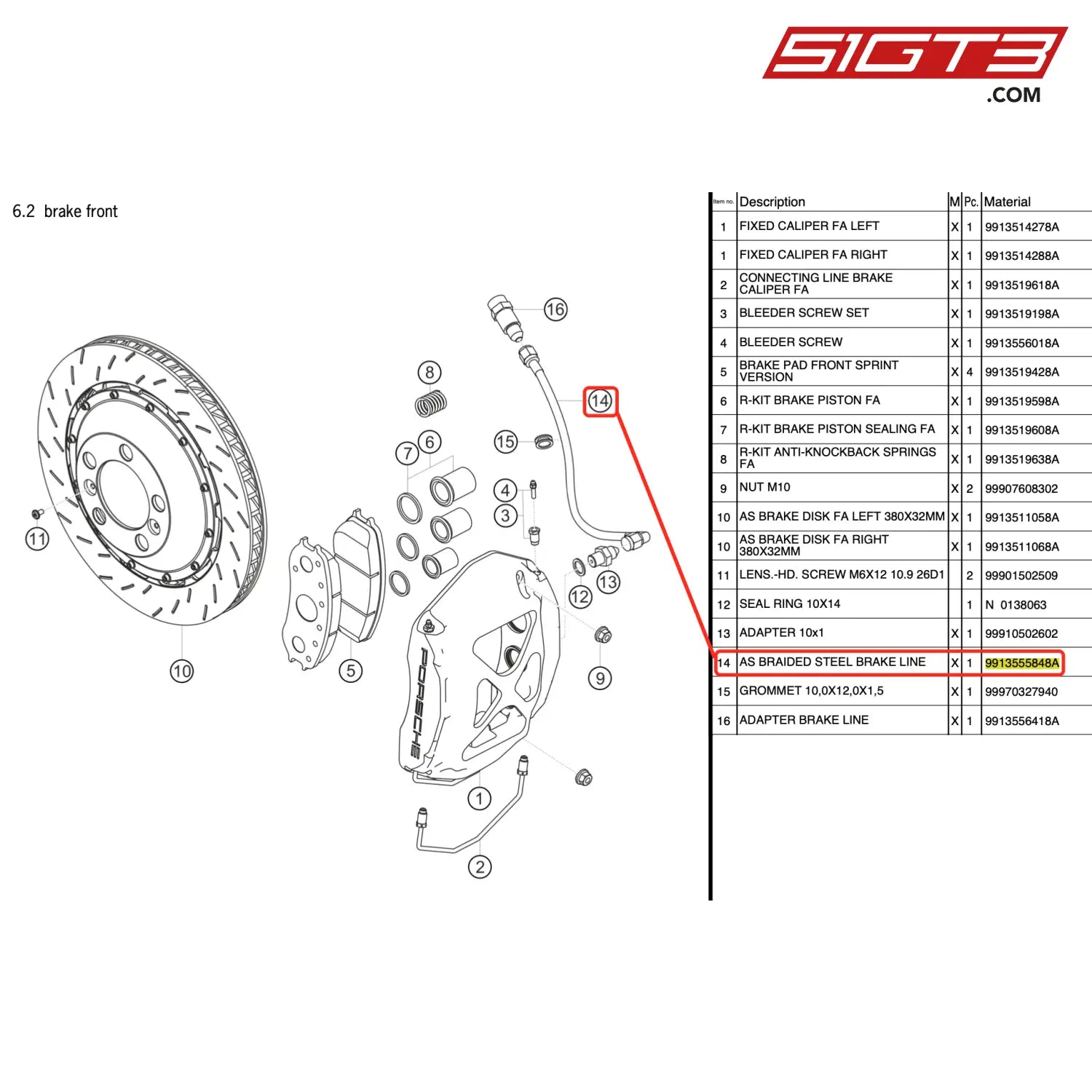 As Braided Steel Brake Line - 9913555848A [Porsche 911 Gt3 Cup Type 991 (Gen 2)]