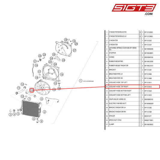 Coolant Hose Top Right - 9P1121612 [Porsche 718 Cayman Gt4 Rs Clubsport] Water Cooler Lateral