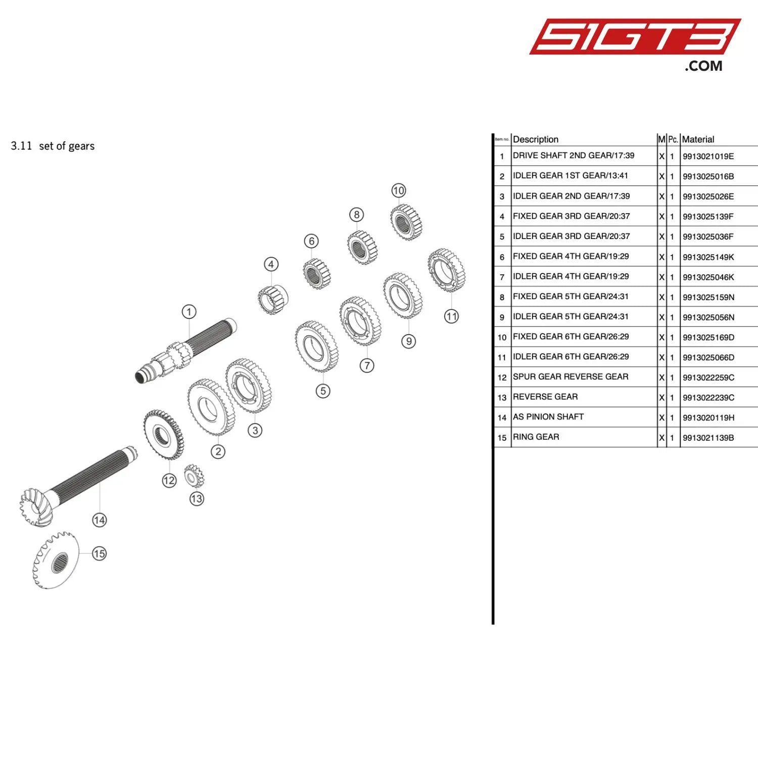 Drive Shaft 2Nd Gear/17:39 - 9913021019E [Porsche 911 Gt3 R Type 991 (Gen 1)] Set Of Gears
